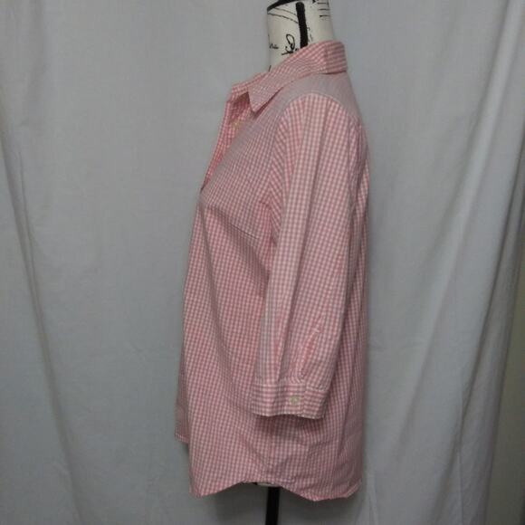 Denim & Co Peach Gingham Button Front Shirt 3/4 Sleeves Button Down Stretch S-M - Picture 4 of 10